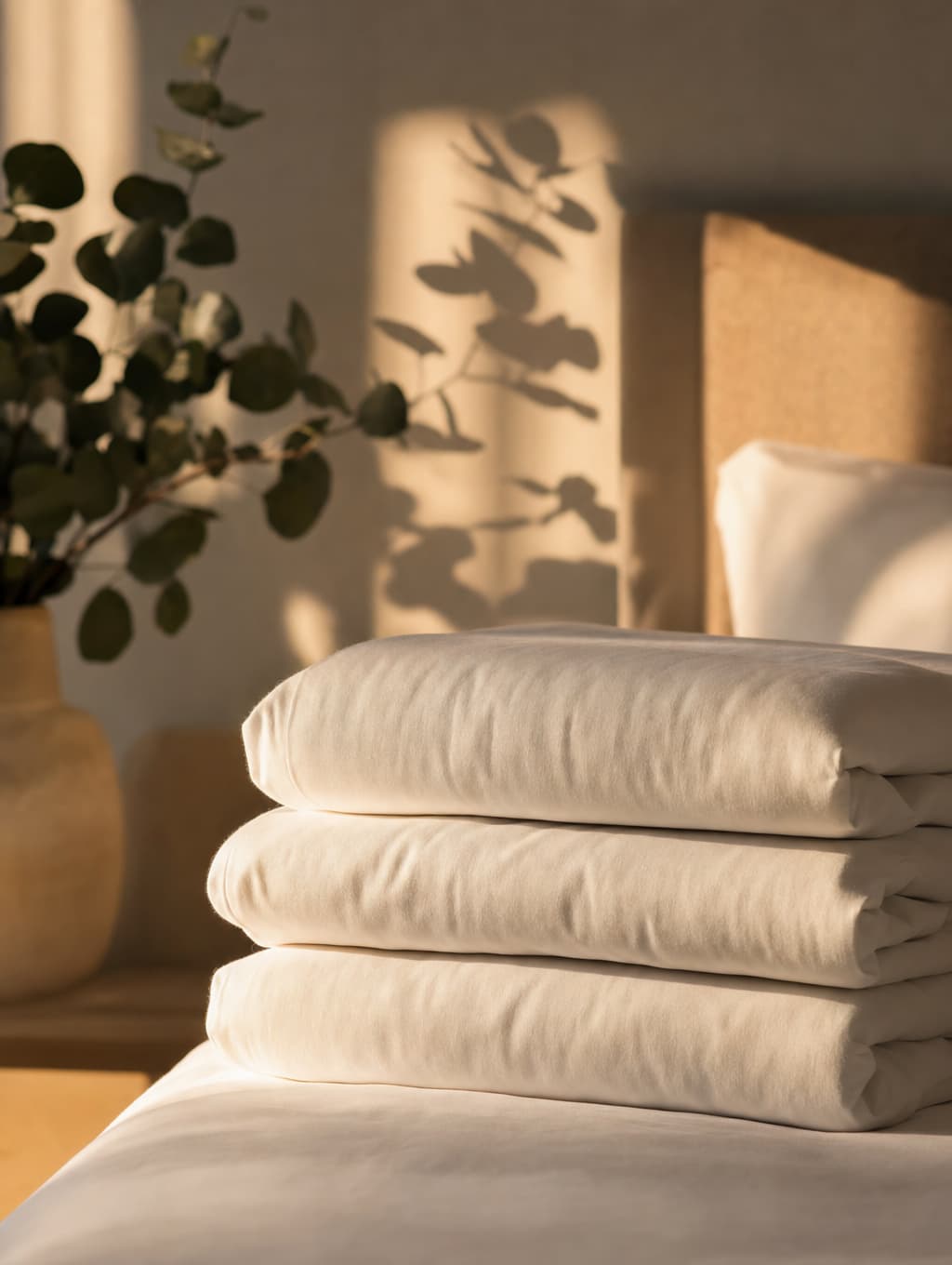 Linge plié, lumière du matin dans une chambre d'hôtel